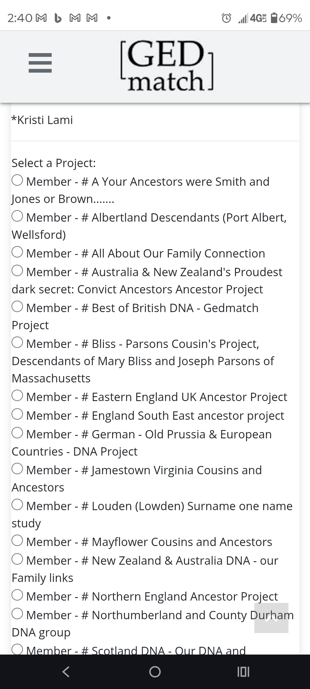 - Morgan Plantagenet: Ancestral Cryptology and Genetic Cartography News GEDmatch screen with a 'Select a Project' list and radio buttons for multiple member projects