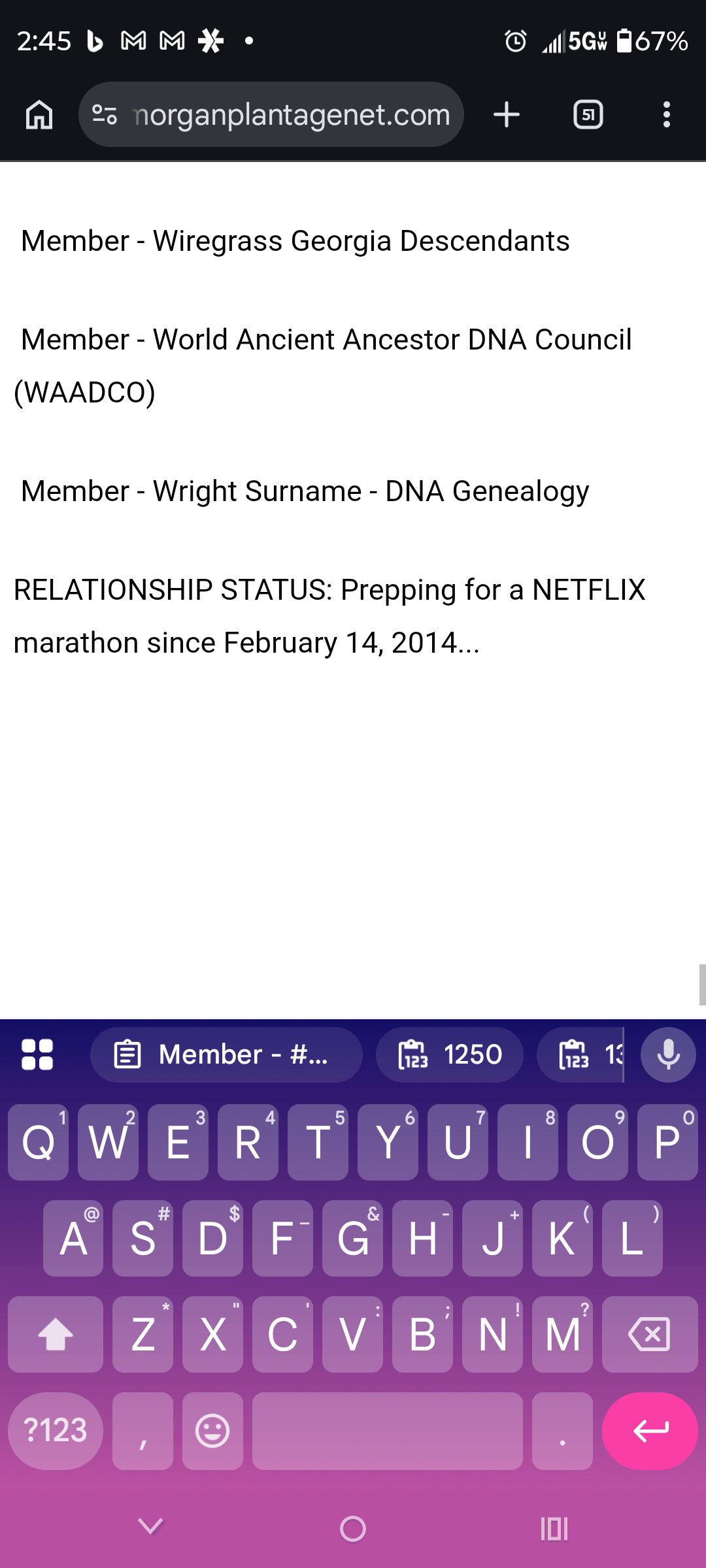 - Morgan Plantagenet: Ancestral Cryptology and Genetic Cartography News Webpage showing genealogy member entries: Wiregrass Georgia Descendants, WAADCO, Wright Surname DNA, and a Netflix marathon status on a mobile screen.