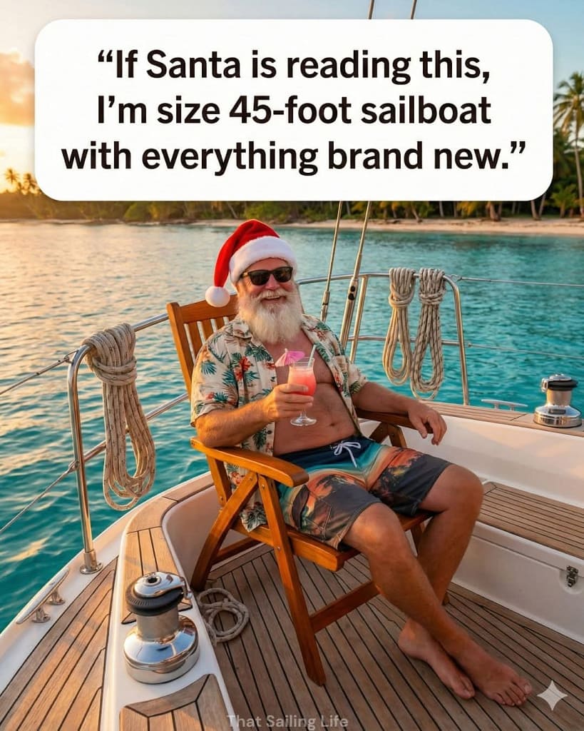 Chris Warner request for a 45 foot sailboat with everything new recieved by SANTA 🤶 and Privateer Ancestry. Sober up and get your wish but it is topside running a Bid Ness.  