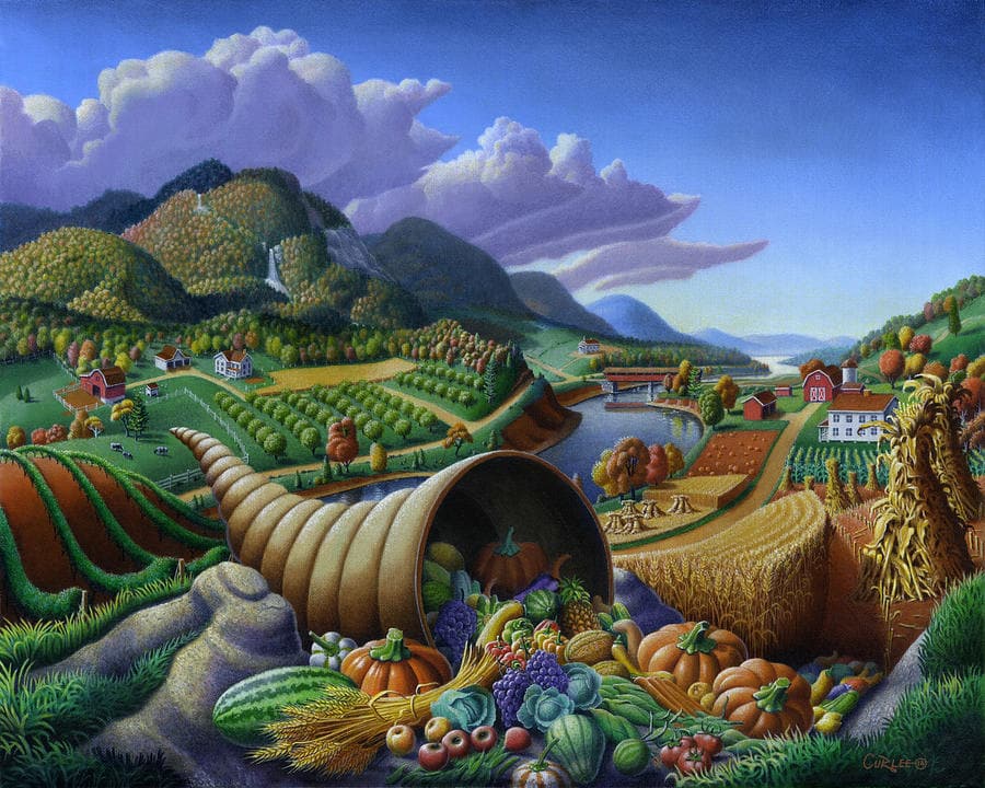 horn of plenty cornucopia autumn thanksgiving harvest landscape oil painting food abundance walt curlee